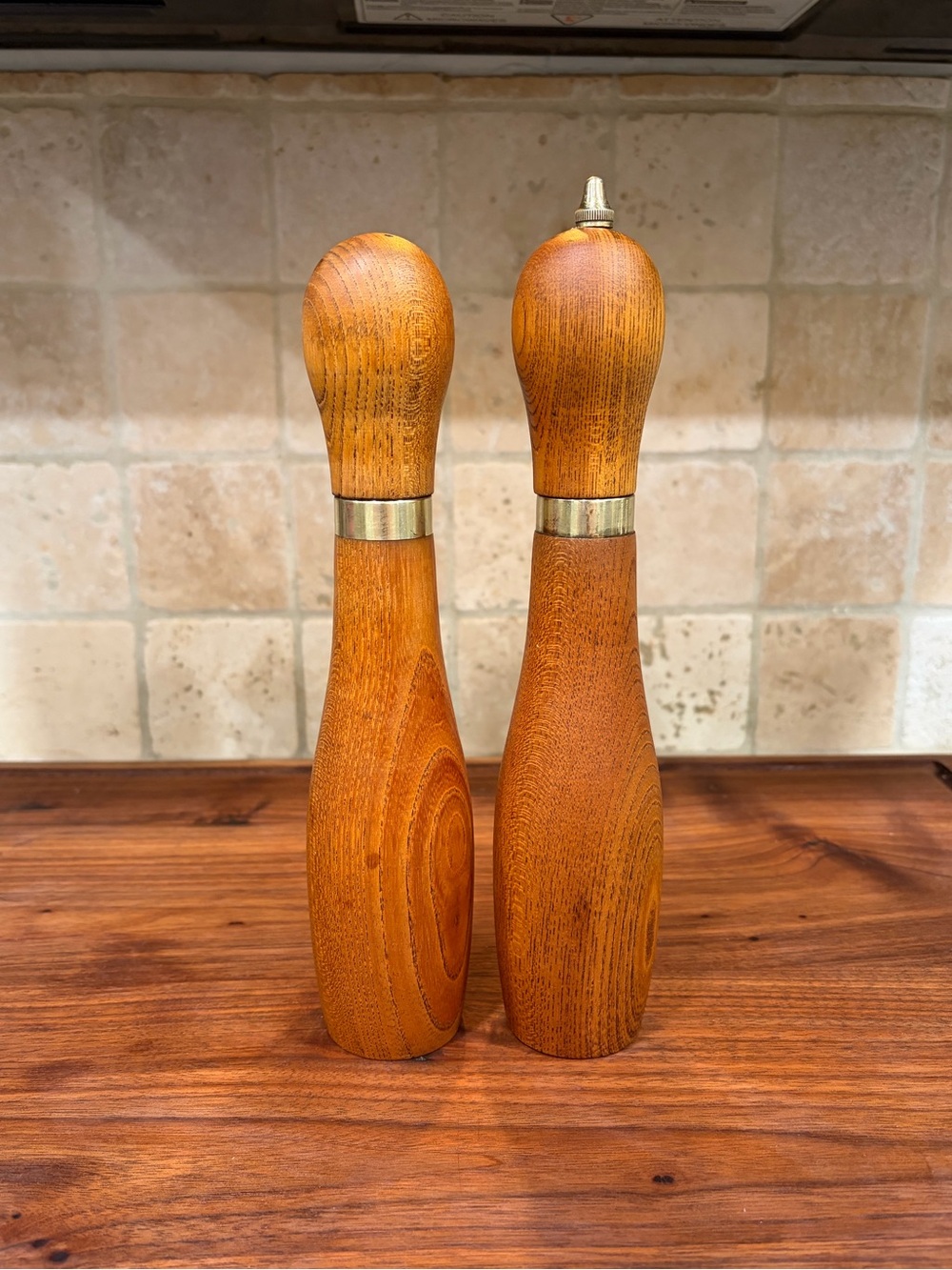 Vintage MCM Wooden Bowling Pin Salt & Pepper Mill Grinder Set - Made in Japan